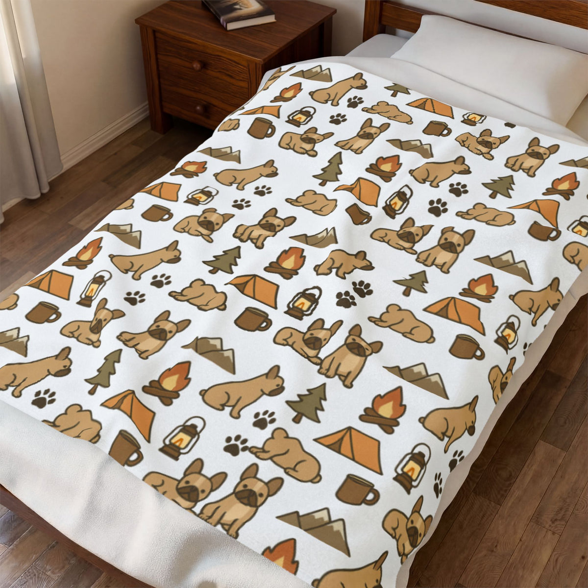 Plush Blanket — Cute Camping & French Bulldog Pattern Cozy Throw