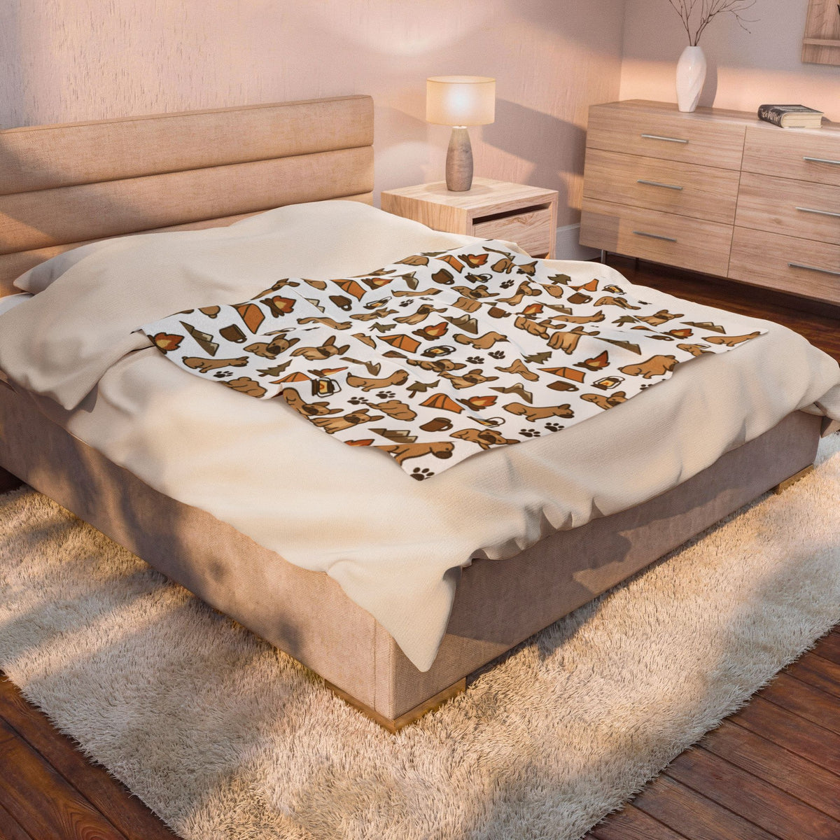 Plush Blanket — Cute Camping & French Bulldog Pattern Cozy Throw
